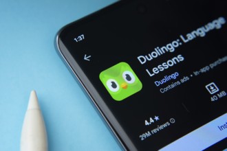 Dhaka, Bangladesh- 03 Oct 2025: Duolingo app from Google Playstore is displayed on a smartphone