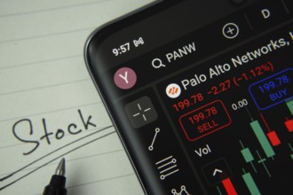 Dhaka, Bangladesh- 20 June 2025: Palo Alto stock trading information on smartphone screen with a