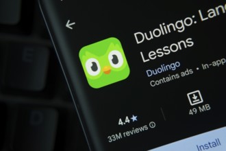 Dhaka, Bangladesh- 03 Oct 2025: Duolingo app from Google Playstore is displayed on a smartphone