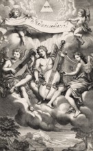 Frontispiece by Simon Gribelin, Book of Harmoniae Sacra or Divine hymns and dialogues, a music book