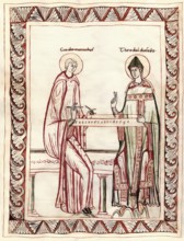Guido of Arezzo showing Bishop Tedald the monochord, an ancient instrument with a single string,