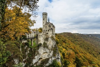 Castle and autumnal forest, Lichtenstein Castle, Honau, Echaz Valley, Swabian Jura,