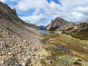 Aerial view, epic panorama, large glaciers, glacial lakes Lago de los Tres Laguna Sucia and Laguna