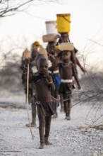 Himba woman and children run to fetch water with canisters through dry countryside, traditional