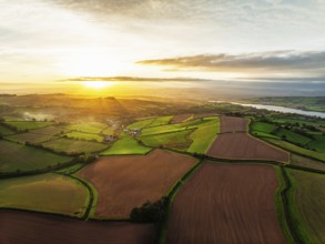 Colours of autumn Fields and Farms over Sheldon from a drone, Torbay, Devon, England, United