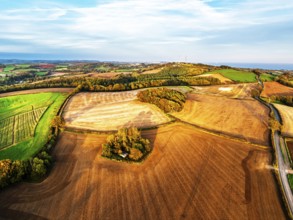 Colours of Devon Farms and Fields over Berry Pomeroy from a drone, Totnes, England, United Kingdom