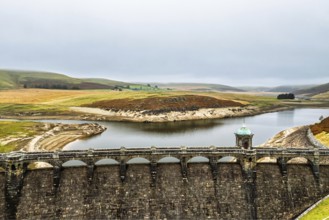 Autumn over Craig Goch Dam from a drone, Elan Valley Reservoirs, Elan Valley, Rhayader, Powys,
