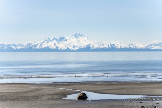 Beach at Anchor Point, Cook Inlet, glaciated mountain peaks of the Aleutian Range with Mount