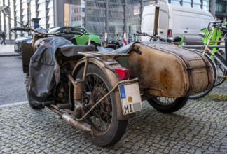 Retro motorcycle with sidecar, old and rusted, roadworthy and officially approved, Berlin, Germany