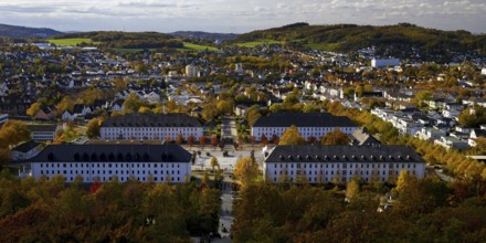 View from the Jübergturm of Sauerland Park in autumn and the city center of Hemer, Märkischer