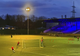 Youth training in the royal blue Glückauf Kampfbahn of FC Schalke 04, Gelsenkirchen, Ruhr area,
