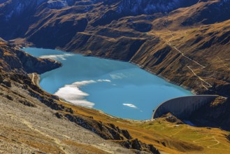 The dam and turquoise lake Lac de Moiry, Val d'Anniviers, Valais Alps, Canton of Valais,