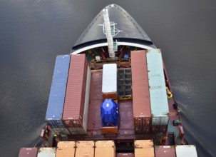 Aerial view of shipping container, container ship NORDIC PORTO photographed from above, Kiel Canal,