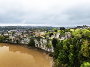 Autumn over Chepstow Castle and River Wye from a drone, Chepstow, Monmouthshire, Wales, UK