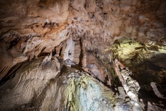 Stalactites and stalagmites, rock formations in a stalactite cave, Grotta del Fico, Gulf of Orosei,
