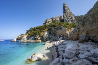 Light blue clear sea on a dream beach on Cala Goloritzé, picturesque rocky coast, steep coast with