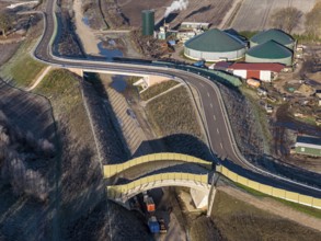Aerial view of construction site, new bridge is build as part of bypass road, Celle, Germany