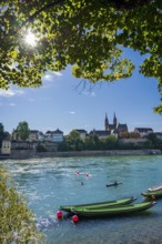 The Rhine with rowing boats in the sunshine in the late afternoon, Basel
