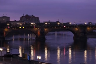 Augustus Bridge Dresden in the evening, Elbe with reflection, winter, Saxony, Germany