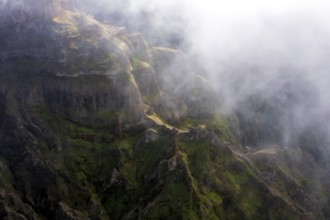 Aerial view, clouds of fog, mountains, Madeira, Portugal