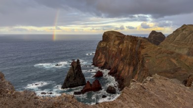 Sunset, rainbow at sea, volcanic peninsula, Ponta de São Lourenço, Ponta de Sao Lourenco, rocky