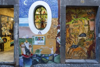 Colourfully painted doors on Santa Maria Street in the old town, Funchal, Madeira, Portugal