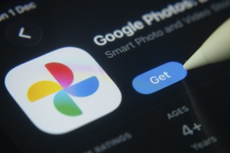 Dhaka, Bangladesh- 01 Dec 2025: A close-up of the Google Photos app icon in the App Store on an