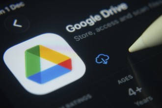 Dhaka, Bangladesh- 01 Dec 2025: A close-up of the Google Drive app icon in the App Store on an iPad