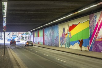 Huge street art pictures in a road tunnel in Gelsenkirchen, the approximately 120 meter long