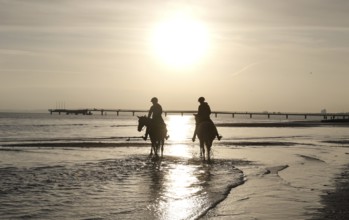 Two female riders ride their horses through the shallow water of the Baltic Sea at sunrise,