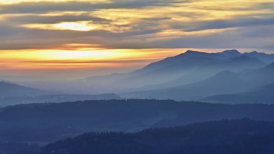 View of the Jura foothills from the Gisliflue, in the light of the setting sun, Talheim, Canton,