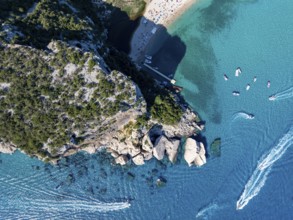 Picturesque rocky coast, cliffs and Cala Luna beach, aerial view, top-down, Golfo di Orosei,