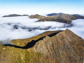 Snowdon Massif from a drone, Snowdon Range, Snowdonia, North Wales, UK