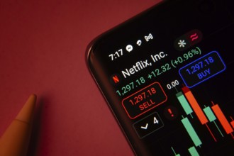 Dhaka, Bangladesh- 08 Sep 2025: Close-up of a phone screen showing Netflix Inc stock market data
