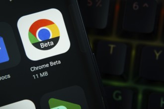 Dhaka, Bangladesh- 27 July 2025: Close-up of smartphone screen showing the Google Chrome Beta app