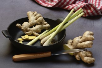 Ginger, ginger root and lemongrass in pot