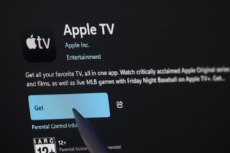 Dhaka, Bangladesh- 19 Sep 2025: A close-up of the Apple TV app from the Microsoft Store is shown on