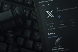 Dhaka, Bangladesh- 28 Oct 2025: An iPad displaying the X app against a judge's gavel and dark