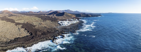 Coastal village fishing village El Golfo, volcanic landscape, coastal landscape, aerial view,