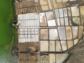 Salt mining plant, Salinas de Janubio, top-down, near Yaiza, drone shot, Lanzarote, Canary Islands,