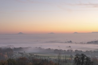 Three Kaiserberge mountains in golden morning light, Hohenstaufen, Aichelberg. Spectacular dawn