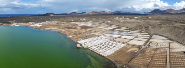 Salt mining plant, Salinas de Janubio with green Laguna de Janubio, near Yaiza, aerial view,