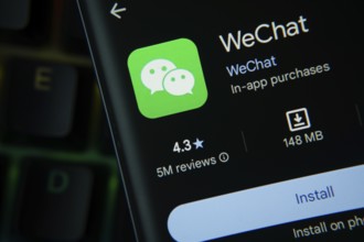 Dhaka, Bangladesh- 27 July 2025: wechat app from Google Playstore is displayed on a smartphone