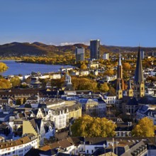 Autumn panoramic view from the town house of Bonn Minster, the Post Tower, the Rhine and the
