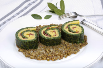 Southern German cuisine, polenta spinach roulade with alblentils served on serving platter, bay