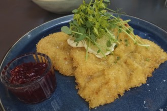 Wiener schnitzel, breaded veal schnitzel, meat dish served on plate, main course, breadcrumbs,