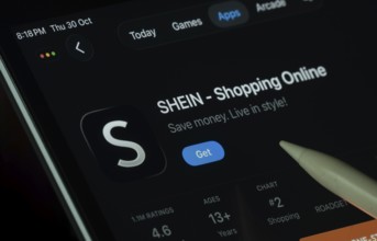 Dhaka, Bangladesh- 30 Oct 2025: SHEIN app displayed on a iPad screen in dark mode with a digital