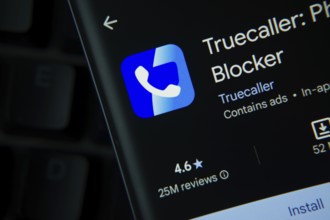 Dhaka, Bangladesh- 27 July 2025: Truecaller app from Google Playstore is displayed on a smartphone