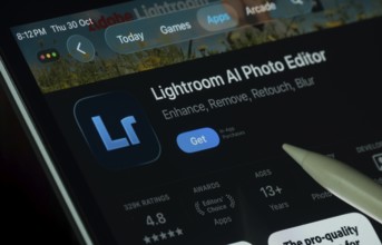 Dhaka, Bangladesh- 30 Oct 2025: Lightroom Ai app displayed on a iPad screen in dark mode with a