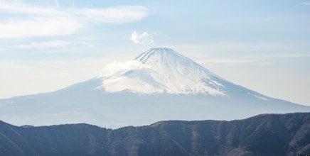 Snow-covered summit of Mount Fuji volcano in spring, Owakudani, Hakone, Japan